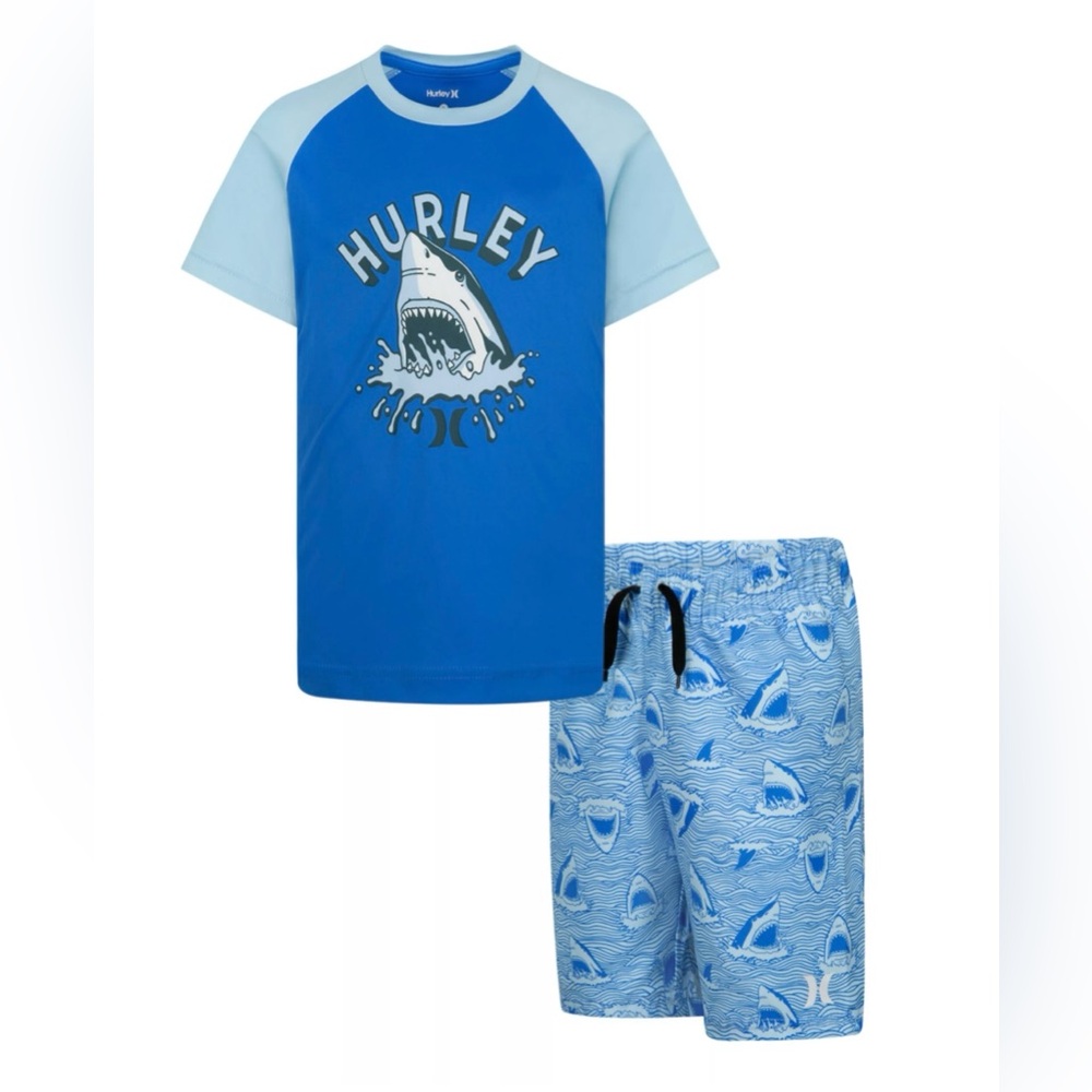 NEW Little Boy Hurley Shark H2O-Dri UPF Rashguard & Drawstring Swim Trunks